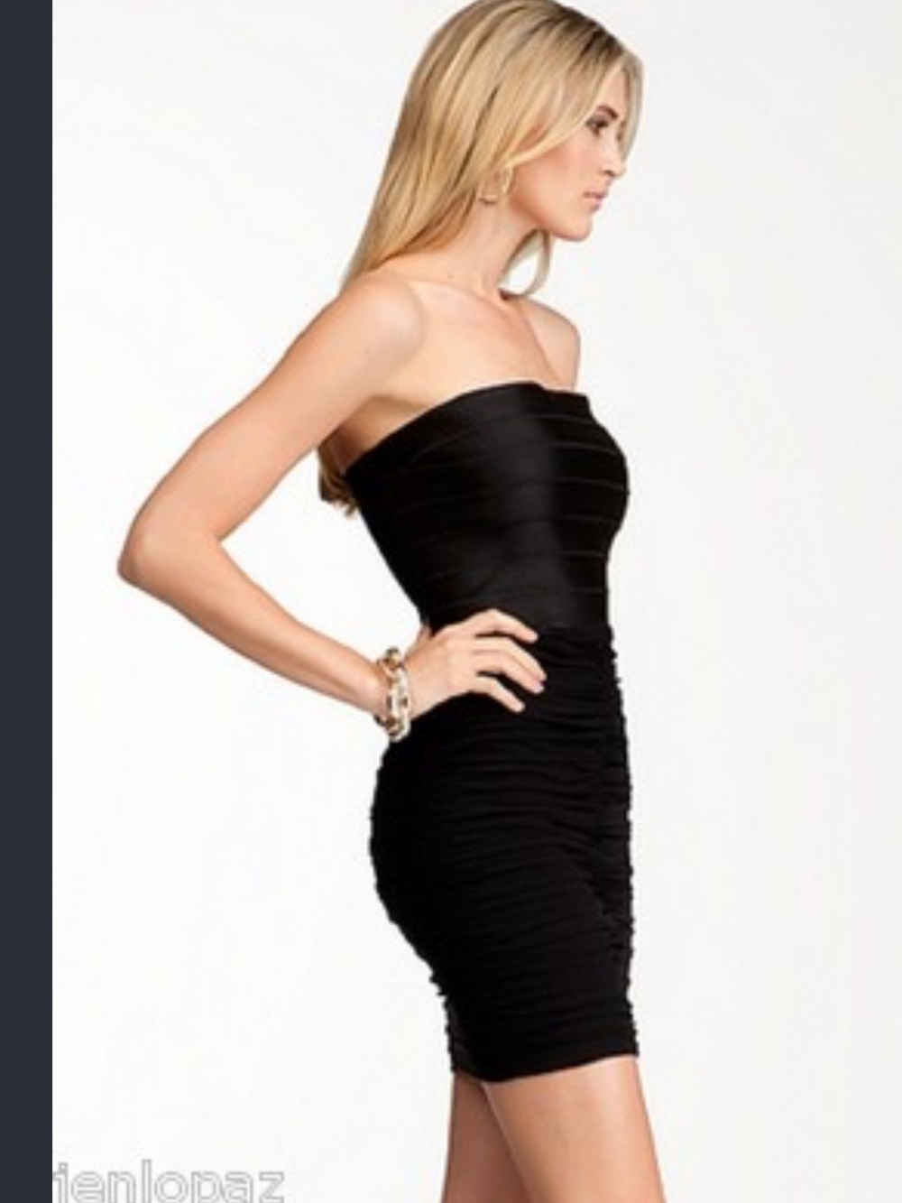 bebe Black Strapless Ruched Bodycon Dress